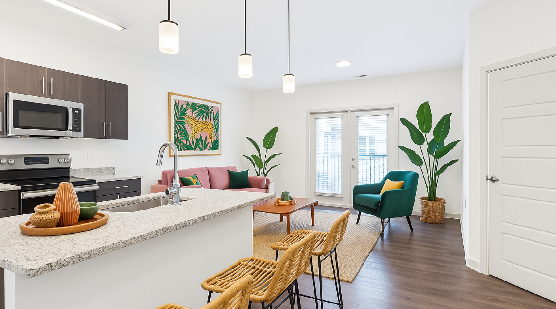 Styled kitchen and living room with jungle decor