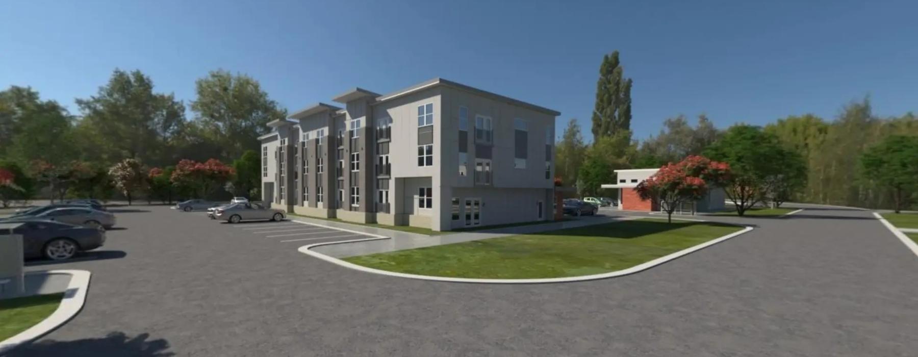 a building with a parking lot